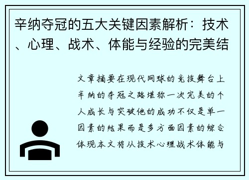 辛纳夺冠的五大关键因素解析:技术、心理、战术、体能与经验的完美结合 辛纳夺冠的五大关键因素解析:技术、心理、战术、体能与经验的完美结合