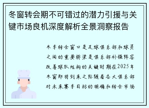 冬窗转会期不可错过的潜力引援与关键市场良机深度解析全景洞察报告 冬窗转会期不可错过的潜力引援与关键市场良机深度解析全景洞察报告