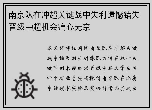 南京队在冲超关键战中失利遗憾错失晋级中超机会痛心无奈