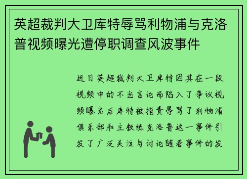 英超裁判大卫库特辱骂利物浦与克洛普视频曝光遭停职调查风波事件