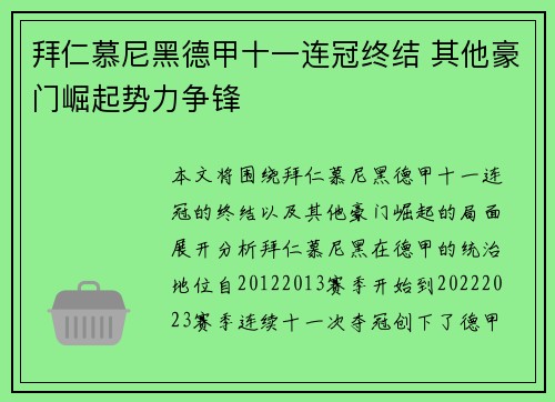 拜仁慕尼黑德甲十一连冠终结 其他豪门崛起势力争锋